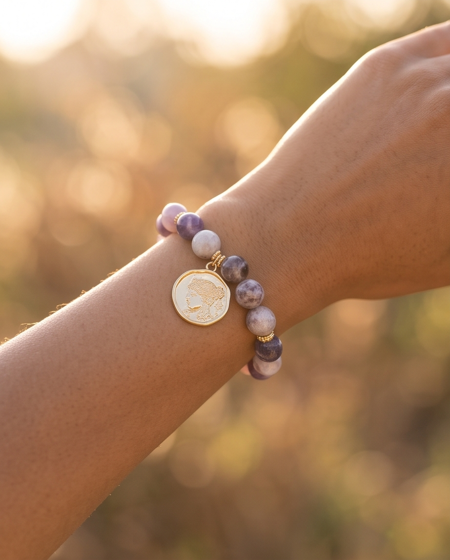 Pulsera de Amatista Facetada con Medalla Romana