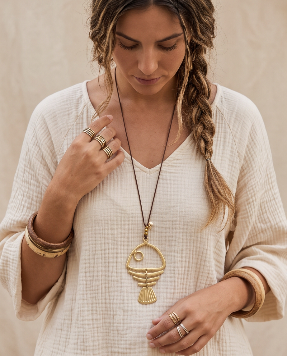 Collar Boho Dije Esqueleto Pez Oro Mate