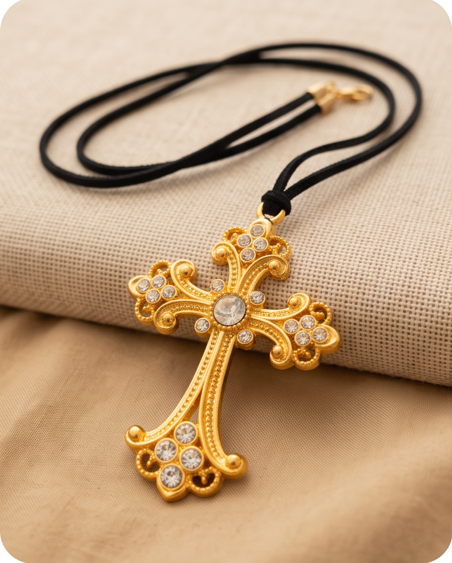 Collar Boho de Cuero Gamuzado Negro con Cruz de Zirconias